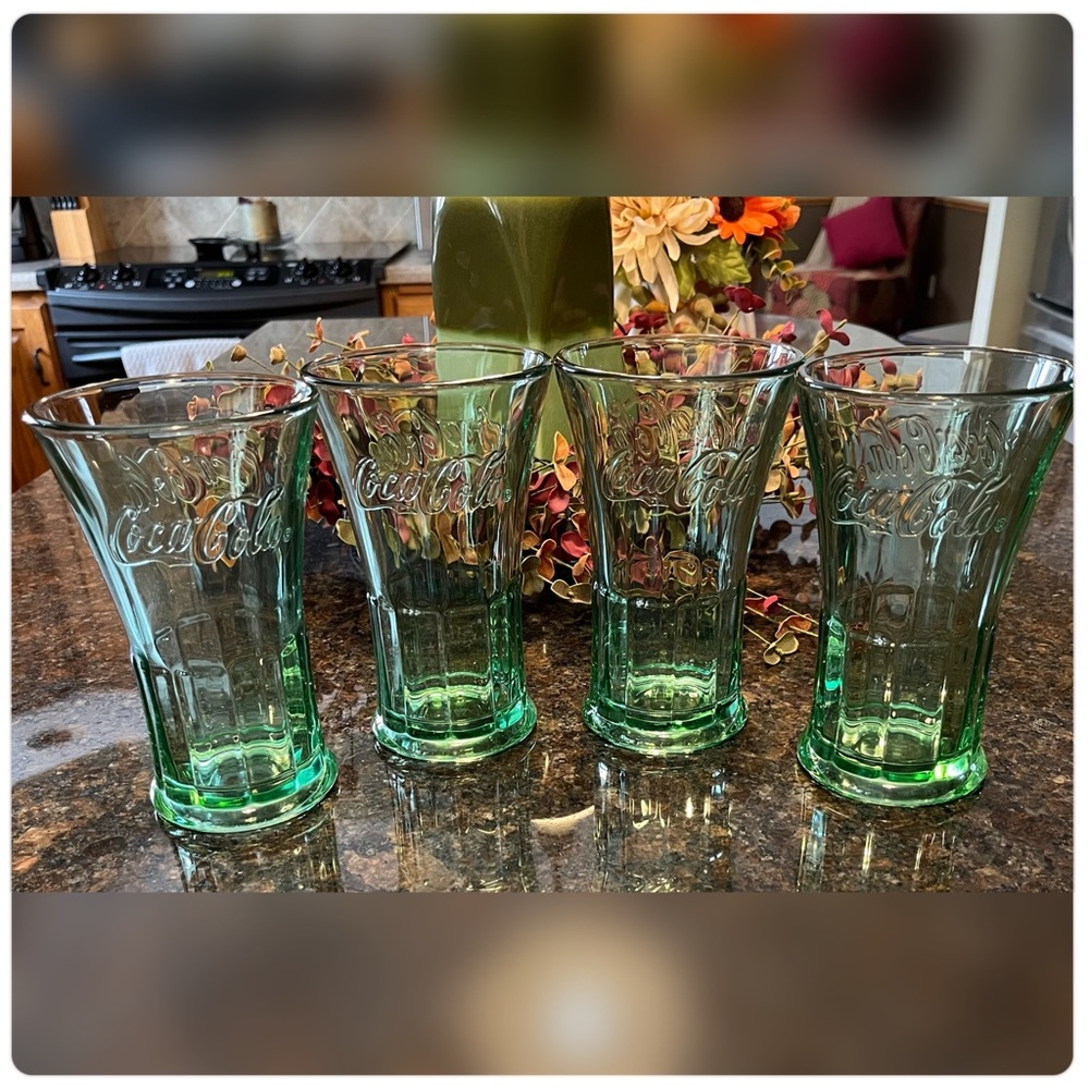 Libbey-Set of Four Green Vintage Coca-Cola Flared Rim Glasses-Very Sturdy!!
